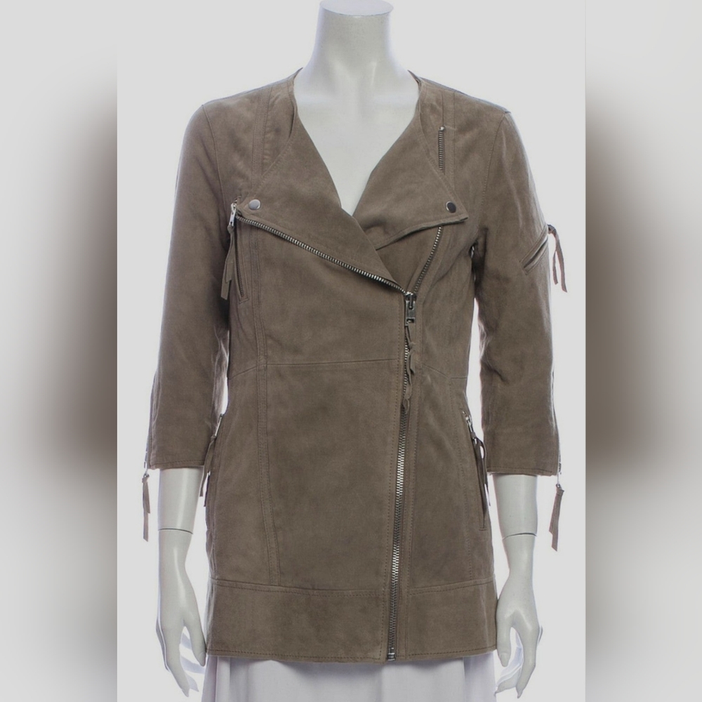 ALLSAINTS ALL SAINTS US 6 Taupe Steel Biker Sumptuous Suede Leather Zip Jacket